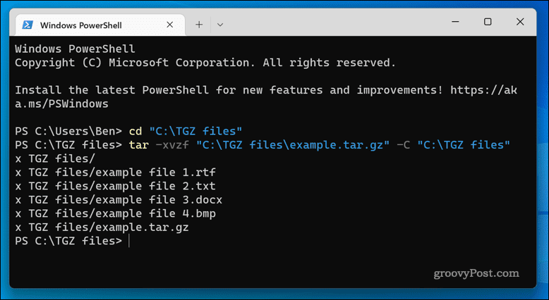 TGZ-tiedostojen purkaminen Windows 11:ssä päätesovelluksella