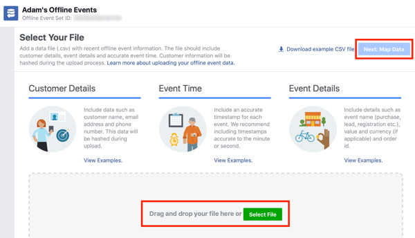 Mahdollisuus vetää ja pudottaa datatiedosto Facebook Ads Manageriin.