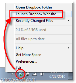 käynnistä dropbox-verkkosivuston Windows 7