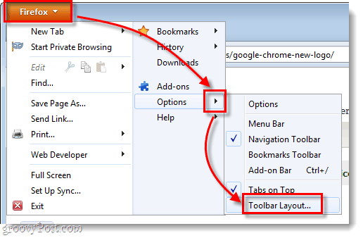firefox-valikon vaihtoehdot> työkalurivin asettelu
