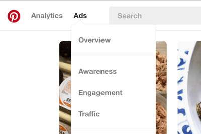 Löydät Pinterest-mainokset-osion vasemmassa yläkulmassa olevasta navigointipalkista.