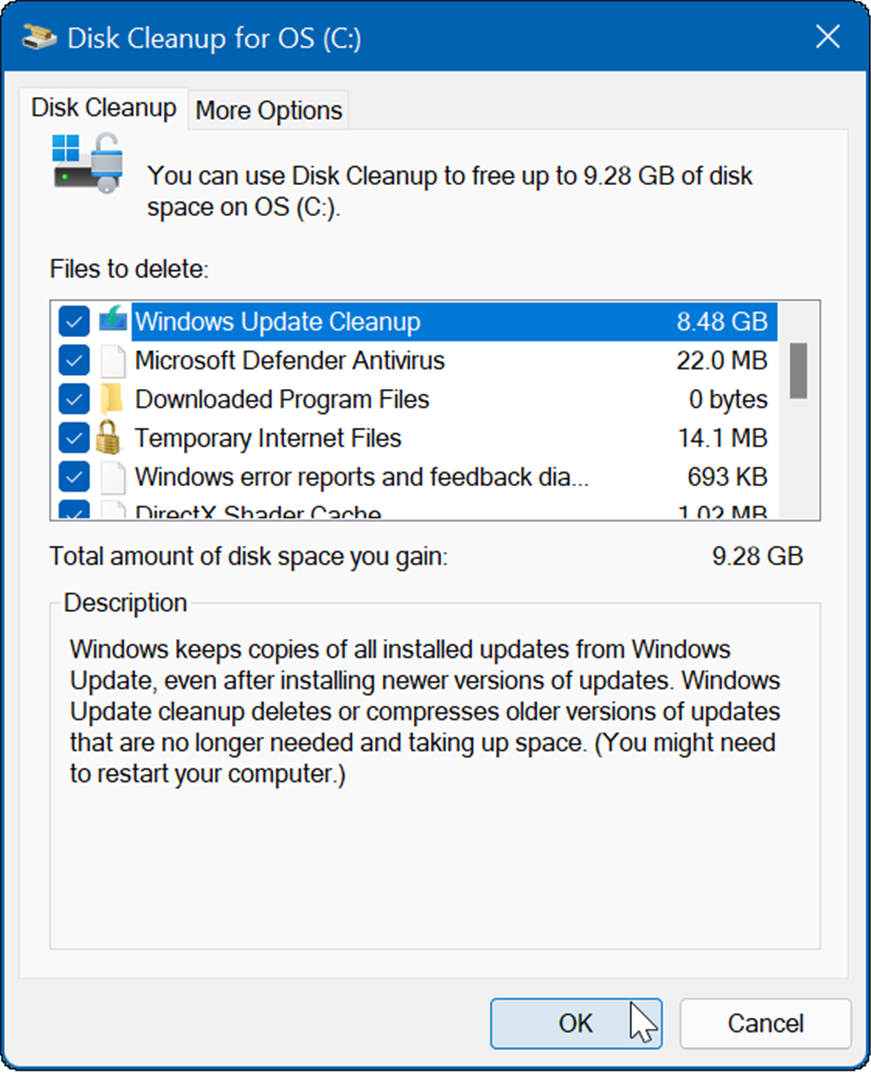 tuloksena on useita väliaikaisia ​​tiedostoja, mukaan lukien Windows Update Cleanup