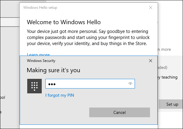 2 PIN-koodin Windows Hello Fingerprint