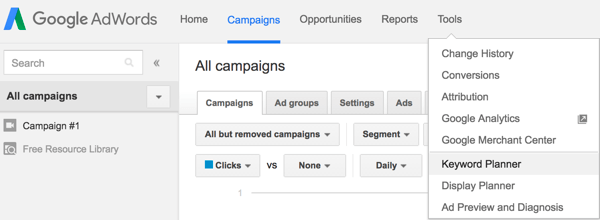 Valitse Google AdWordsissa Työkalut-valikosta Avainsanojen suunnittelija.