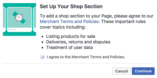 Hyväksy kauppiaiden ehdot ja käytännöt, jotta voit määrittää Facebook Shop -osion.