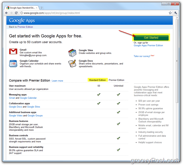 Google Apps Standard Edition -linkki Aloita