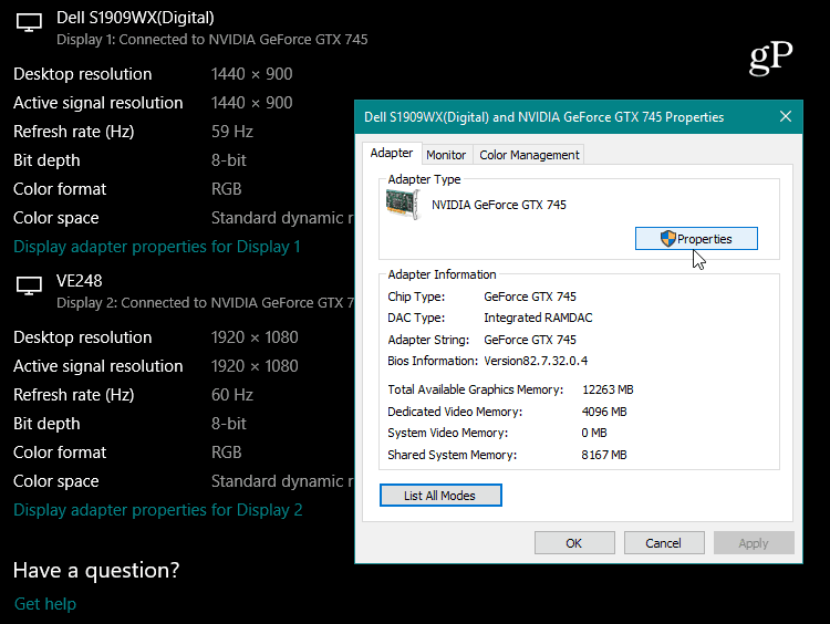 Näytönohjaimen ominaisuudet Windows 10