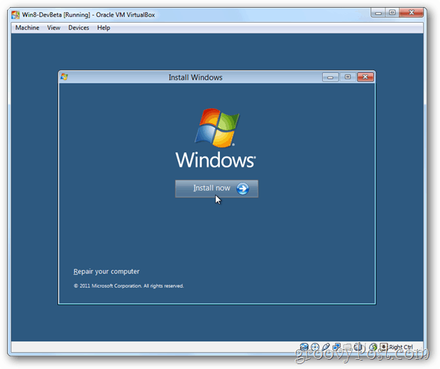 VirtualBox Windows 8 asenna nyt -ruutu