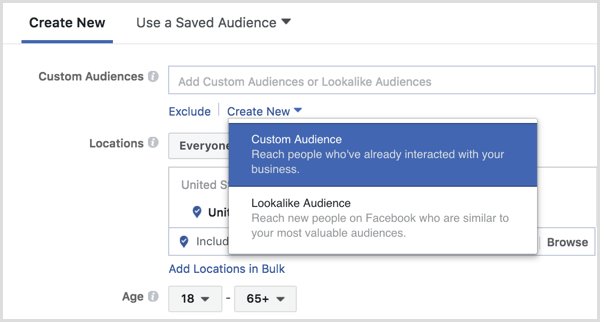 Facebook Ads Manager luo mukautetun yleisön mainosten määrityksen aikana
