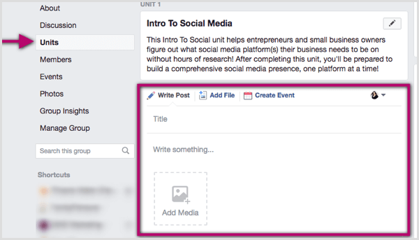 Napsauta Facebook-ryhmäyksikköäsi ja kirjoita viesti, lisää tiedosto tai luo tapahtuma.