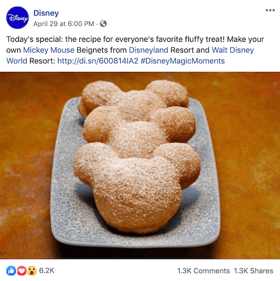 Disneyn Facebook-viesti, jossa on linkki Mickey Mouse -hiutaleiden reseptiin