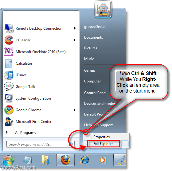 Pidä näppäimiä painettuna ja napsauta hiiren kakkospainikkeella Käynnistä-valikkoa poistuaksesi Explorerista Windows 7: ssä