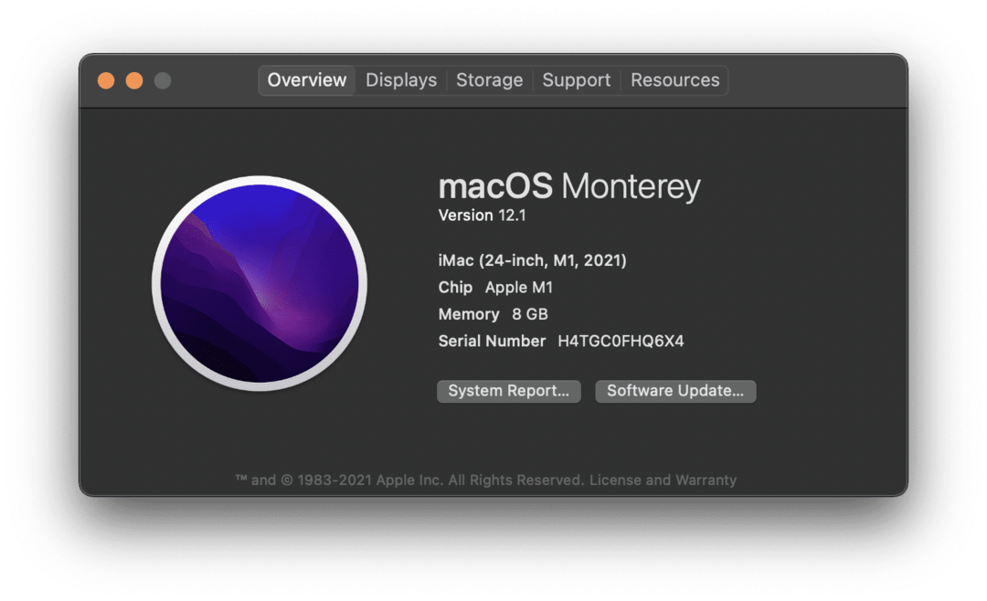 Tietoja tästä Macista -sivu M1 iMacissa