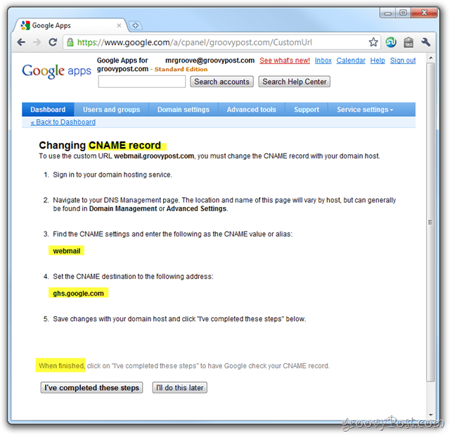 google apps email cname -asetukset