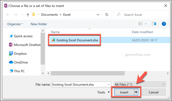 Excel-tiedoston lisääminen liitetiedostona OneNotessa