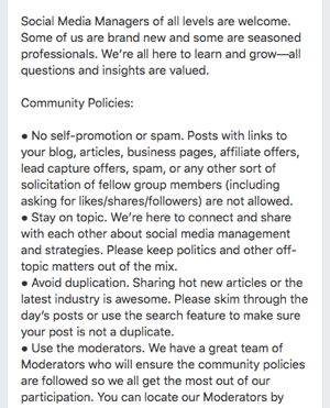 Tässä on esimerkki Facebook-ryhmäsäännöistä.