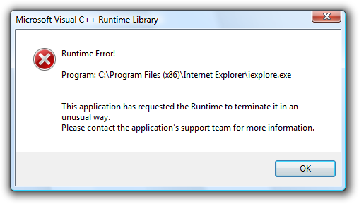Internet Explorer 8 (IE8) Microsoft Visual C ++ Runtime Library: Suorituksenaikainen virhe!