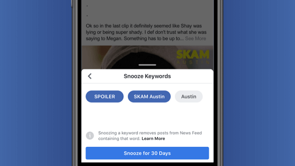 Facebook testaa avainsanan torkkutoimintoa, joka antaa käyttäjille mahdollisuuden piilottaa viestit väliaikaisesti tekstistä suoraan vedetyn tekstin perusteella.