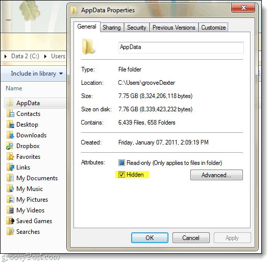 piilotetut sovellustiedot Windows 7: ssä
