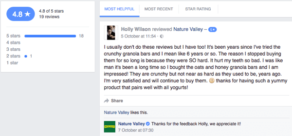 Nature Valley -asiakas jättää asiakasarvostelun yrityksen Facebook-sivulle.