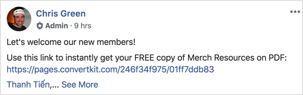 Tämä Facebook-ryhmäviesti toivottaa uudet jäsenet tervetulleiksi ja muistuttaa heitä lataamaan ilmaisen PDF-tiedoston.