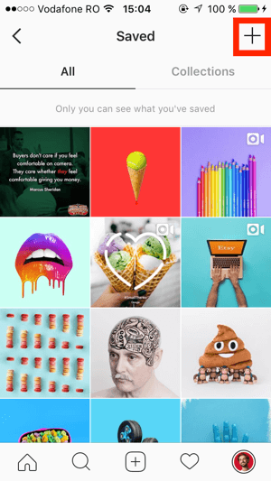 Napauta + -merkkiä Instagram Saved -näytön oikeassa yläkulmassa.