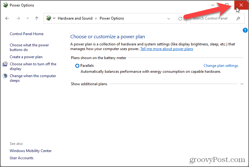 Sulje Windows 11: n Ohjauspaneelin Virranhallinta -asetukset -näyttö