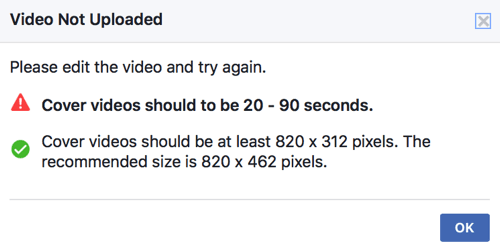 Jos kansivideosi ei vielä täytä Facebookin teknisiä standardeja, et voi ladata sitä suoraan sivusi kansivideona.