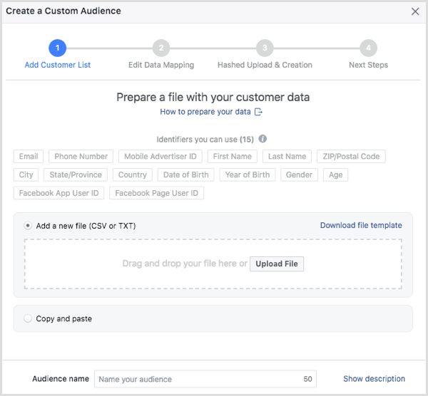 Valitse asiakastiedosto, jonka haluat ladata Facebookiin.