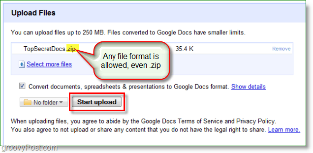 Google-dokumenttien kuvakaappaus - lähetti ZIP-tiedoston