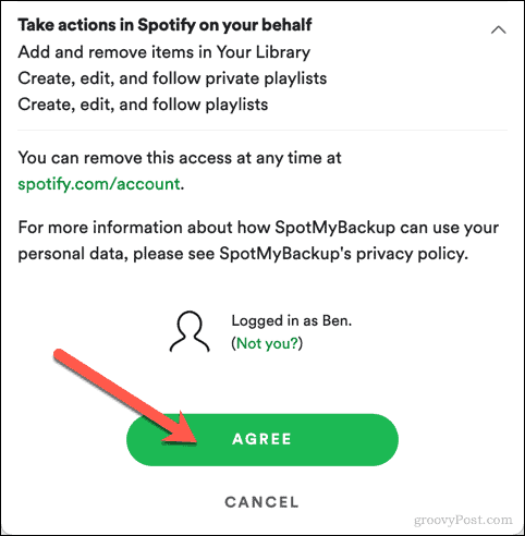 SpotMyBackup-pääsyn hyväksyminen Spotify-sovellukseen