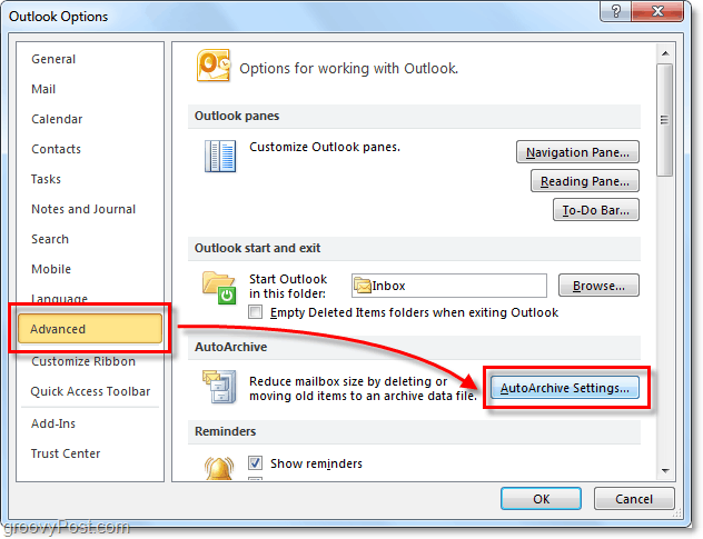 Lisäasetukset> Automaattiarkistoasetukset Outlook 2010: ssä