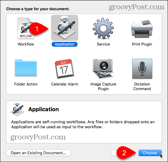 Valitse sovellustyyppi Automator for Mac -sovelluksesta