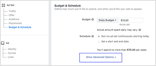 Napsauta Näytä lisäasetukset Budjetti ja aikataulu -osiossa, kun määrität Facebook-mainoksen.