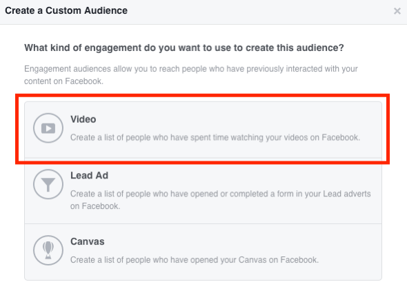Valitse Video Facebook-mukautetulle videoyleisöllesi.