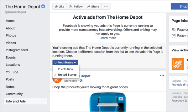 Valitse alue avattavasta valikosta nähdäksesi kaikki mainokset, joita Facebook-sivu näyttää tällä hetkellä joko maailmanlaajuisesti tai tietyssä maassa.
