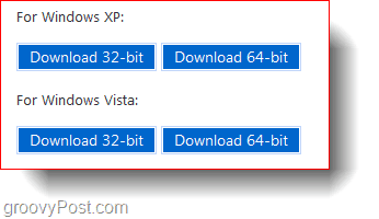 Windows XP: n ja Windows Vista: n 32- ja 64-bittiset lataukset