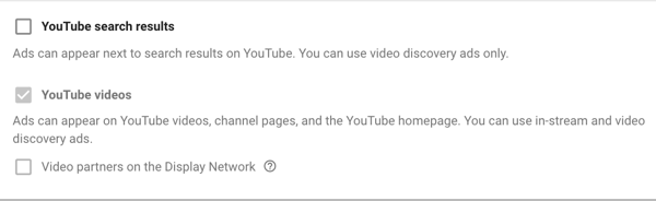 YouTube-mainoskampanjan määrittäminen, vaihe 11, verkon näyttövaihtoehtojen määrittäminen