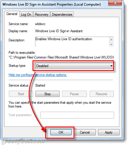 poistettu käytöstä käynnistystyyppi Windows Live ID -kirjautumisapulainen