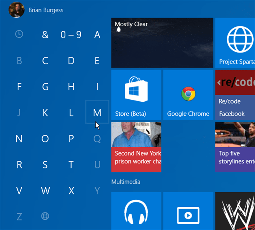 sovellukset ensimmäisen kirjaimen Windows 10 Start