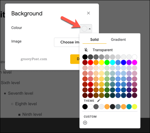 Taustavärin lisääminen päädioon Google Slides -sovelluksessa