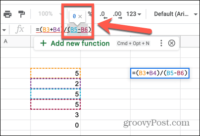 google sheets div 0 tulos