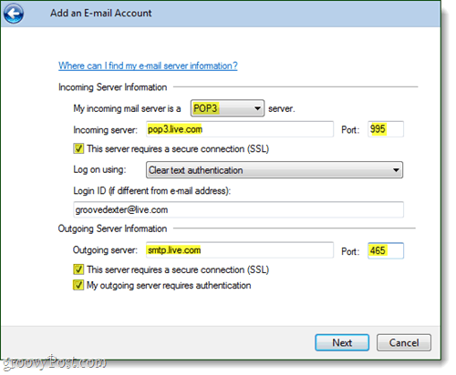 Windows Live Mail https-sähköpostitilin asetukset
