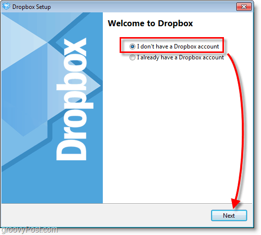 Dropbox-kuvakaappaus - valitse luoda uusi tili