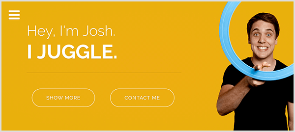 Josh Hortonin jongleerausta käsittelevällä verkkosivustolla on keltainen tausta, kuva Joshista hymyilemässä ja pyörittämässä etusormensa ympärillä vaaleansinistä jongleerausta ja valkoista tekstiä Hei olen Josh. Minä taistelen.
