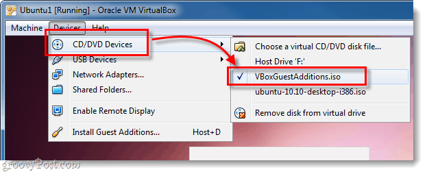 ubuntu dvd cd -laite valitse vboxguestadditions.iso