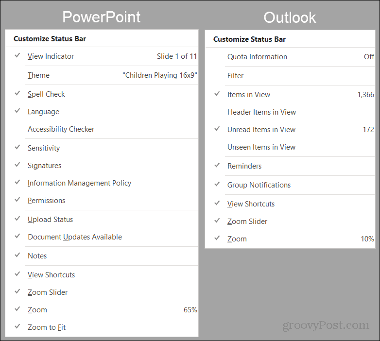 PowerPointin ja Outlookin tilarivin asetukset