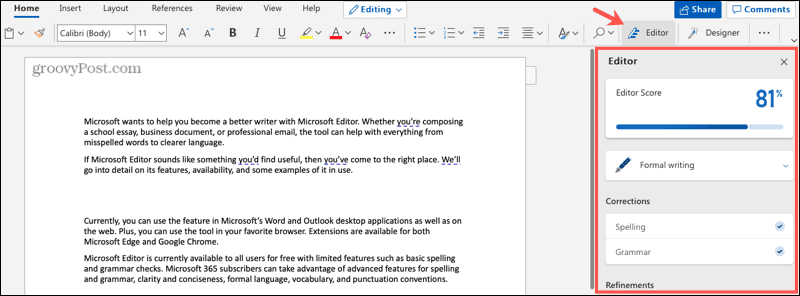 Microsoft Editor Wordissa verkossa