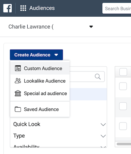 Luo avattava valikko Yleisö Facebook Ads Managerin Yleisöt-osiosta