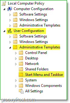 Selaa Windows 7 -sovelluksen paikallisryhmäkäytäntöikkunassa käyttäjän määrityksiin, järjestelmänvalvojan malleihin ja käynnistä sitten valikko ja tehtäväpalkki